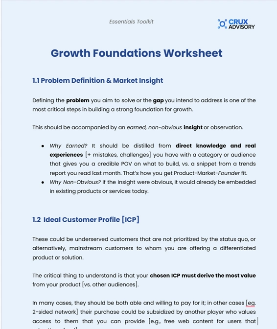 Growth Foundations Worksheet showing ICP pain points, buying behavior, and sizing questions for startup founders