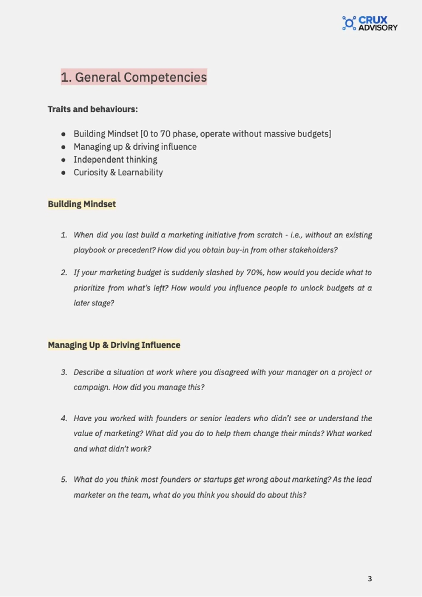 Marketing interview questions for assessing general competencies including building mindset, influence, independent thinking, and curiosity
