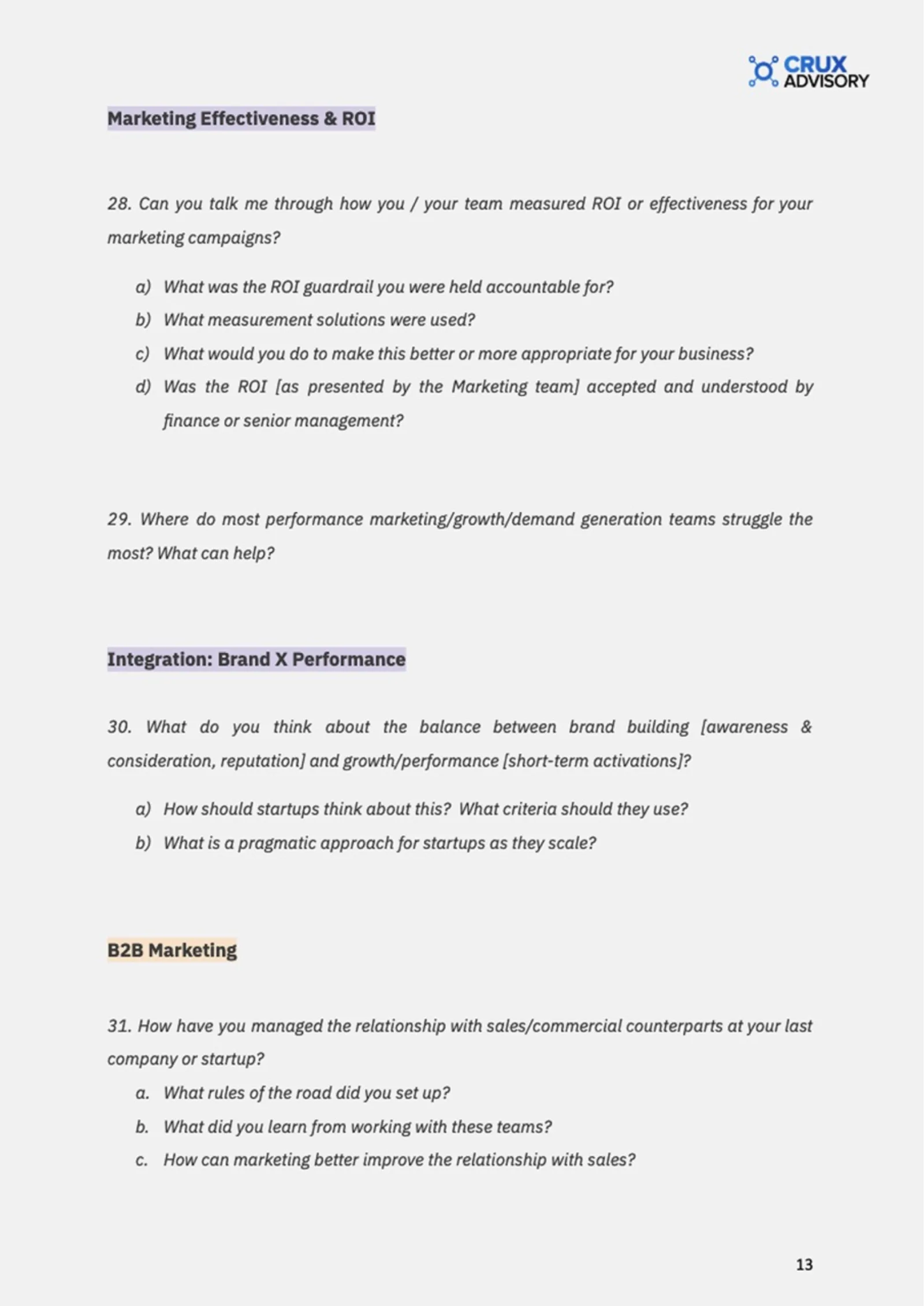 Marketing effectiveness and ROI interview questions including measurement approaches, brand-performance balance, and B2B marketing alignment