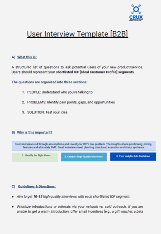 B2B user interview template overview showing three-stage framework for customer discovery and product validation